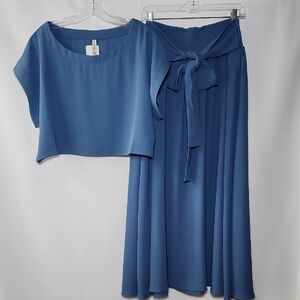 Zenana Dusty Blue Two-Piece Skirt Set with Tie Waist